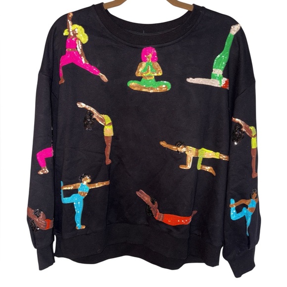 QUEEN OF SPARKLES Tops - Queen of Sparkles Yoga Pilates Sequined Sweatshirt Black Crew Neck Oversized XS